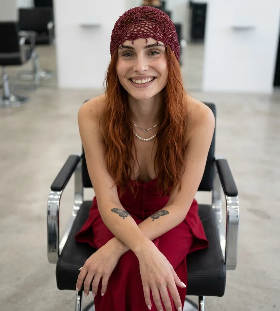Before: hair tucked under a knit cap